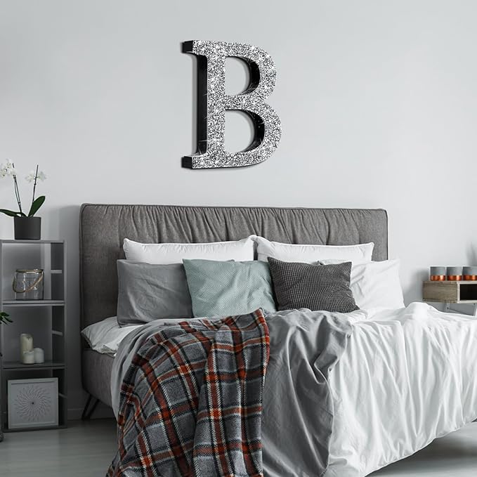Qunclay 12'' Silver Crystal Diamond Bling Letters Crushed Diamond Decoration Wooden Glitter Letter with Screw and Hooks Rhinestone Gift for Wedding Y2k Mcbling Bedroom Wall Decor (Letter B)