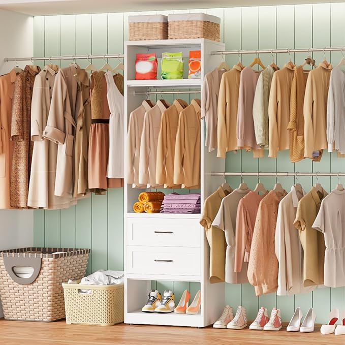 Metal Closet System, 4FT-8FT Closet Organizer System with 4 Expandable Hanging Rods and Metal Tower,79"H Walk in Closet System with 2 Drawers and Shelving,Built in Closet,Wall Mount,White