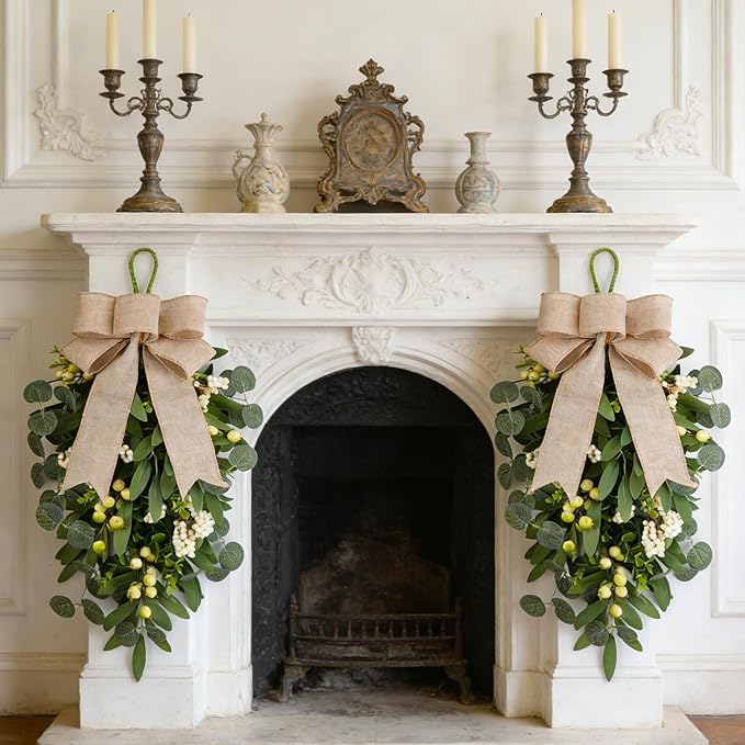 2 PCS 22" Artificial Green Eucalyptus Teardrop Swag for Front Door Greenery Swag Spring Summer Olive Kitchen Cabinet Wreath with White Berry for Farmhouse Home Porch Wall Window Festival Wedding Decor