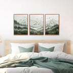 KAlRNE Natural Mountain Framed Canvas Wall Art Set of 3(16”X24”),Textured Sage Green Wall Decor,Neutral Watercolor Forest Picture Snowy Landscape Art Prints For Living Room Bedroom Office