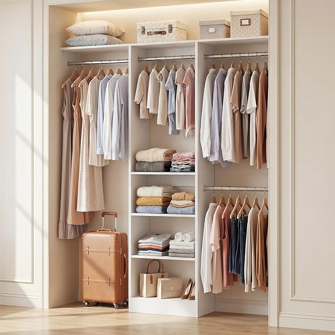 Cyclysio 4FT Small Closet System, 80"H Closet Organizer System with 4 Closets Rods & 3 Shelves, 48" Closets Organizers and Storage for Small Bedrooms, Laundry Rooms, Cloakrooms, White