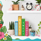 Lineshading 4 Pcs Summer Table Decoration Wooden Book Hawaii Beach Decoration Blue Yellow and Red Summer Tiered Tray Decor Wood Book Sign Farmhouse for Hawaii Party Home Shelf Coffee Table