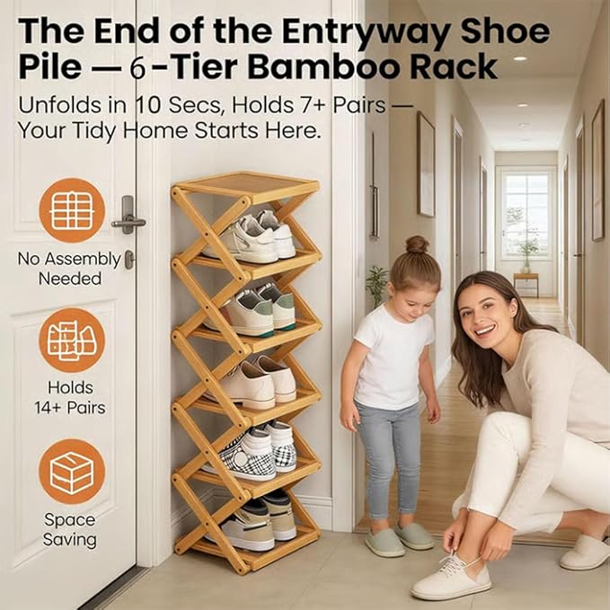 The 9-Tier No-Assembly Bamboo Rack, Foldable Stackable 9 Tier Bamboo Shoe Rack Vertical Storage Sturdy & Stable, Tall Narrow Space-Saving Expandable Shoe Rack for Entryway Closet Dorm (Nature,3 Tiers)