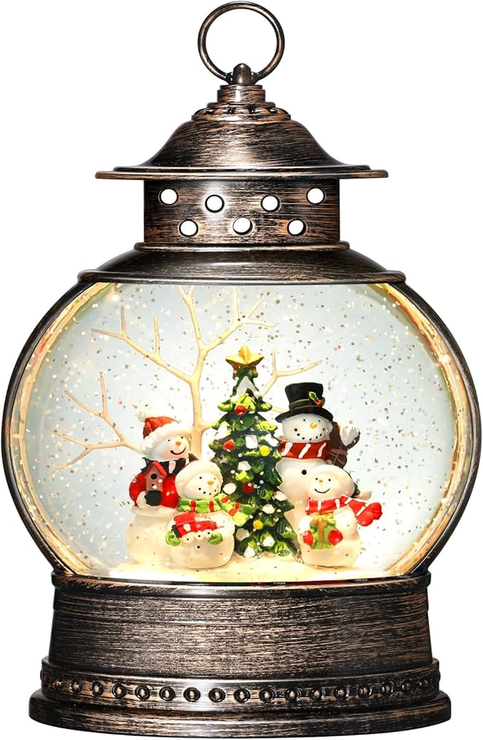 Snowman Snow Globe 12 Inch Christmas Snow Globe Lantern, Lighted Christmas Decorations Indoor for Home Light Up Musical Snowman Decor with Music Timer Swirling Glitter, USB or Battery Operated
