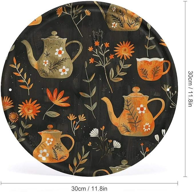 Wall Picture, with Plants and Teapot Printed Circular Iron Hanging Picture,Wall Art Decor,Home for Bedroom Living Room Bathroom Decor,Iron Painting 11.8X11.8 in