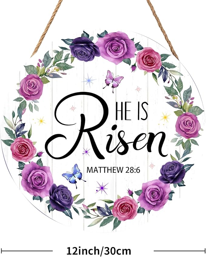 Harooni Easter Wall Hanging Decoration Sign, 12x12 Inch, He is Risen Wreath, Floral, Vertical, Unframed, Wooden, Indoor and Outdoor, Religious Holiday, Entryway