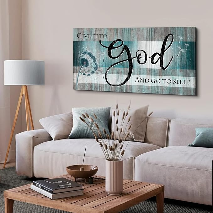 Large Christian Wall Art Bible Verses Wall Decor Give It to God and Go to Sleep Bedroom Pictures Inspirational Quote Wall Art Turquoise Teal Scripture Artwork for Living Room Home Decoration 24x48"