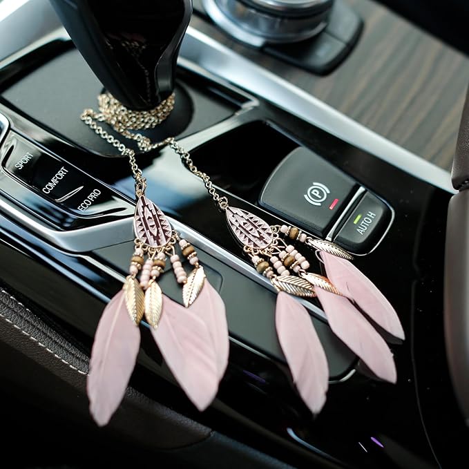 Mini Dream Catcher Car Interior Rearview Mirror Hanging Decor Nature Feather Small Boho Car Charms Pendant Accessories (New Pink)