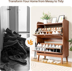 Shoe Storage Cabinet with 2 Flip Drawers, Entryway Shoe Cabinet with 2 Metal Hooks & Adjustable Shelves Freestanding Shoe Organizer Narrow Shoe Rack for Entrance Hallway Foyer Front Door,Walnut