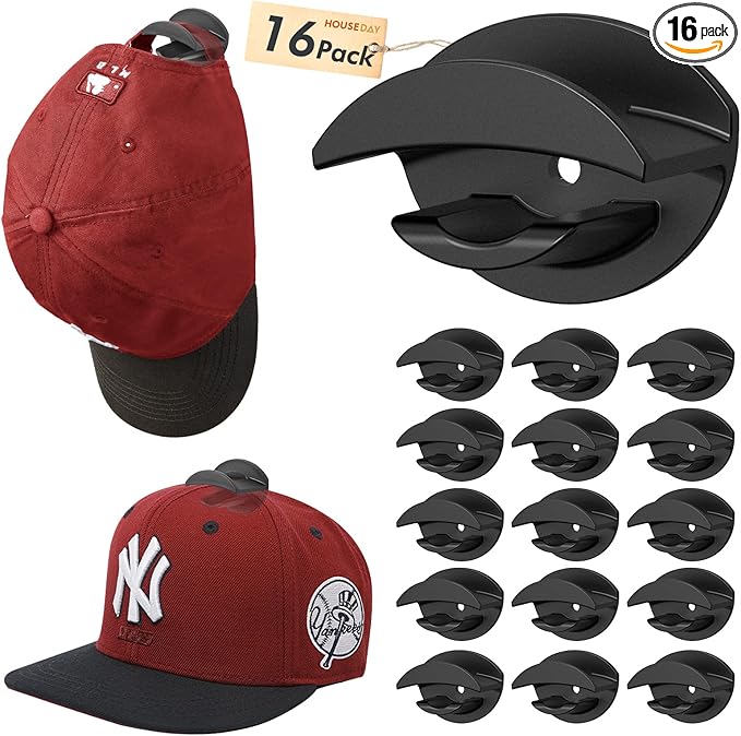 HOUSE DAY Adhesive Hat Hooks for Wall 16 Pack, Strong Hat Rack for Baseball Cap Display Organizer, Hats Holder for Wall, Door, Closet, No Drilling, Black