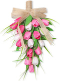 Spring Swags Ideal for Front Door Artifical Tulips Teardrop Swag with Burlap Bow Hanging Decorative Easter Wreath Ideal for Porch Wall Mother's Day 8.7x15.8 inch
