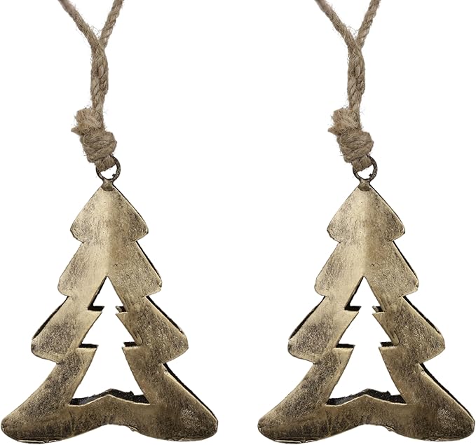 Rustic Iron Wall Accent - Handmade Metal Hanging Décor with Rope for Indoor & Outdoor Use - Flat Christmas Tree (5" 3.5") Design for Rustic Home Decoration (Set of 2)