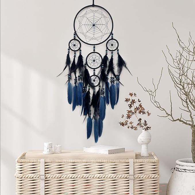 Blue and Black Dream Catcher Large Dream Catchers Wall Decor Handmade Feather Dreamcatcher Wall Hanging Ornament for Bedroom Living Room Home Decor