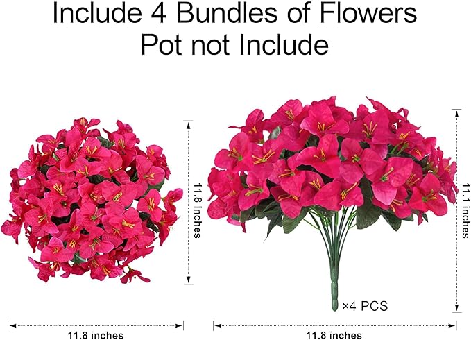 INSPRING Faux Bougainvillea Artificial Flowers for Outdoors Spring Outside Decor, 4 Bundles UV Resistant Realistic Fake Plants Silk Flowers for Porch Patio Window Outdoor Planter Garden Home, Hotpink