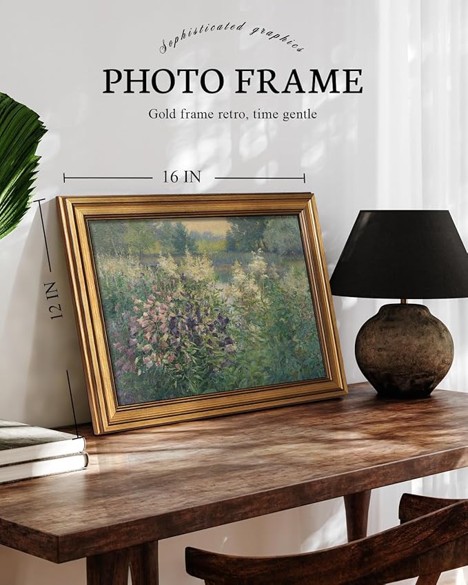 VIYYIEA Vintage Gold Framed Wall Art for Living Room, Landscape Canvas Prints Home Decor, Oil Painting Picture, Bedroom Wall Decor Gifts for Friends or Family -【Canterbury Bells】-(16L x 12W)