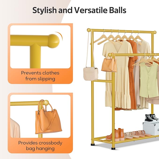 MISSLO Double Rods Garment Rack Heavy Duty Clothing Rack for Hanging Clothes Portable Clothes Organizer for Bedroom, Living Room, Clothing Store (Gold)