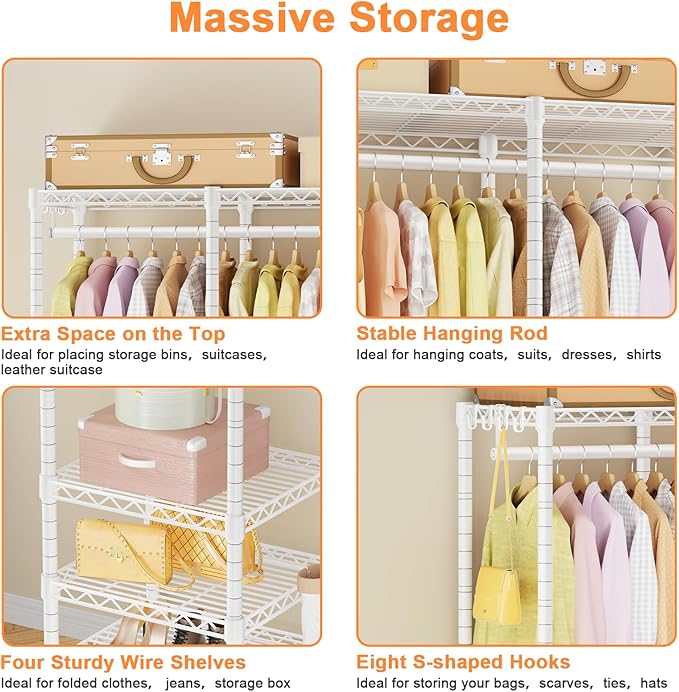 Ulif F4 Heavy Duty Clothes Rack (With Hanger Rod) Freestanding Clothing Racks for Hanging Clothes，Adjustable Closet Organizer System, Portable Garment Rack 45"W x 15.8"D x 71.3"H,Max Load 600LBS,White
