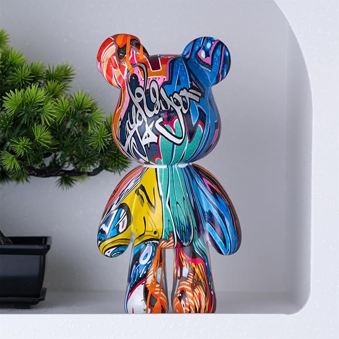 Graffiti Bear Statue, Resin Animal Sculpture Home Decor, Art Figurine Home Ornament Decoration for Office, Living Room, Bedroom, Book Shelf, TV Cabinet, Desktop