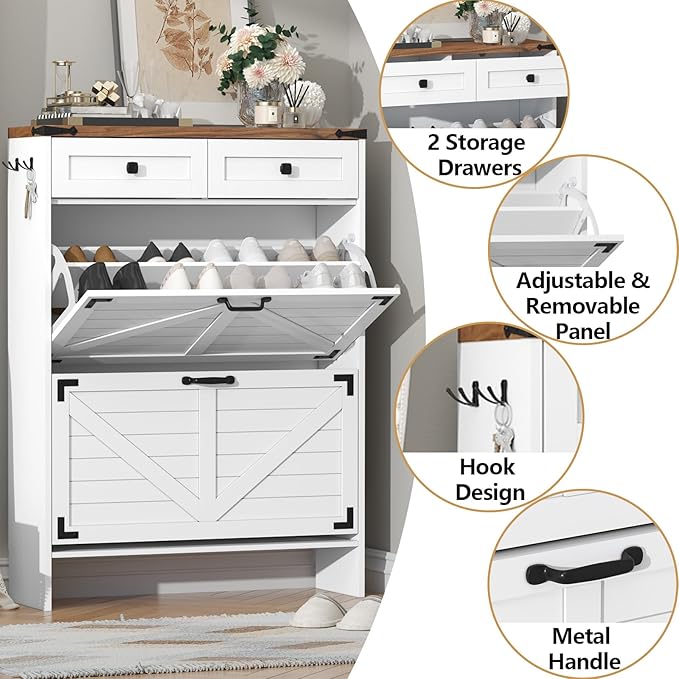 Shoe Cabinet with 2 Flip Drawers and Deodorizing Function, Hidden Shoe Storage Cabinet with 2 Pull-out Drawers, Farmhouse Shoe Organizer for Entryway, Narrow Shoe Rack for Front Door Entrance, White