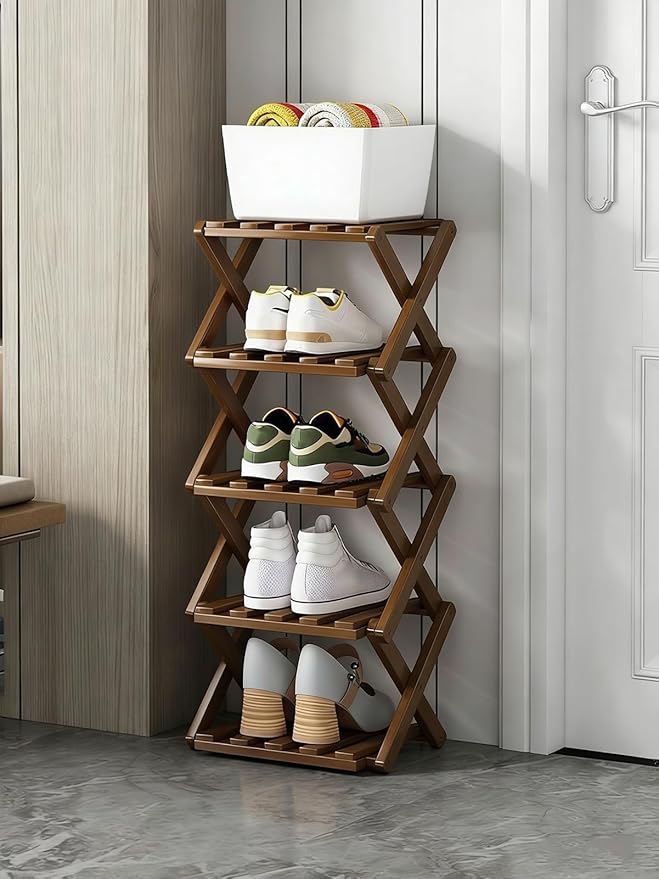 The 9-Tier No-Assembly Bamboo Rack, New Upgrade 9 Tier Bamboo Shoe Rack, Space-Saving Tall Narrow Accordion Shoe Rack for Entryway Closet Dorm (Brown-5)