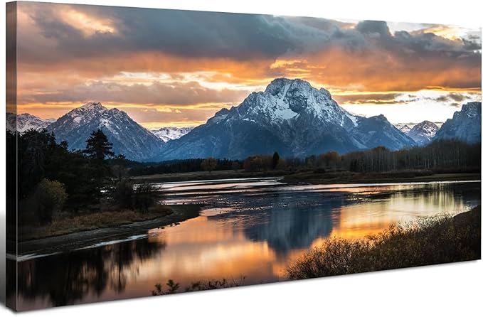 Extra Large Mountain Wall Art for Living Room Sunset Nature Grand Teton Wall Decor National Park Posters Wyoming Snake River Landscape Canvas Prints Artwork for Bedroom Office Home Decoration 35x70"
