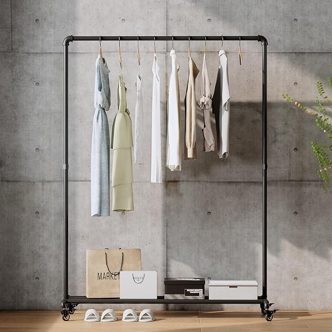 Industrial Pipe Clothing Rack with Wheels,Rolling Garment Rack with Bottom Shelf, Sturdy Metal Clothes Rack for Hanging Clothes Heavy Duty,Black Mobile Wardrobe Rack for Bedroom & Boutique