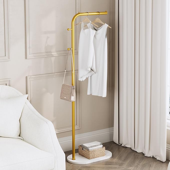Freestanding Clothing Rack with Marble Base,Modern Garment Rack for Small Spaces,Sturdy Metal Coat Rack with Hooks,Clothes Rack for Hanging Clothes in Bedroom,Closet,Entryway (gold)
