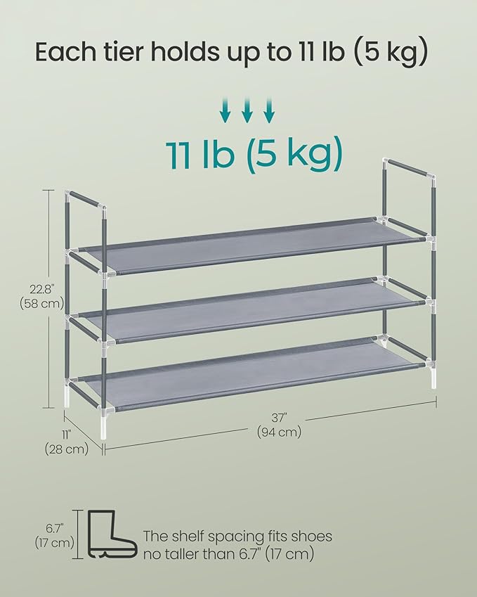 SONGMICS 3-Tier Shoe Rack, Shoe Storage for Hallway Closet, Slim and Space-Saving, Metal Frame, Non-Woven Fabric Shelves, Grey ULSH053G01V1