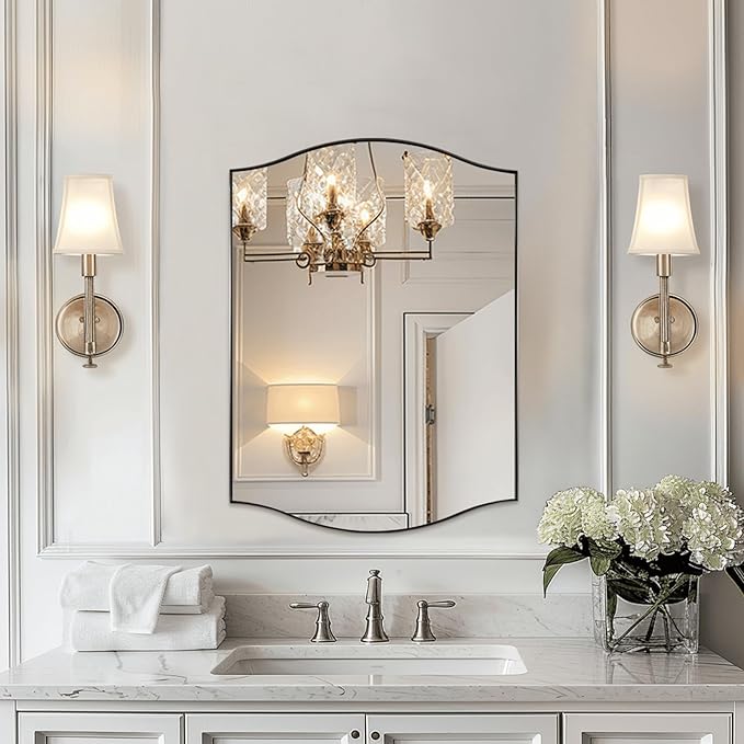 ANDY STAR Brushed Nickel Bathroom Mirror, 22"x30" Scalloped Wall Mirror in Stainless Steel Metal Frame, Unique Vanity Mirror with Modern Curved Edge Design, Ideal for Bathroom, Bedroom, Entryway