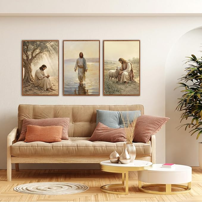 KAlRNE Vintage Christian Framed Canvas Wall Art Set of 3(24”X36”),Jesus Bible Story Wall Decor,Spiritual Religious God Painting,Neutral Inspirational Beige Art Prints For Living Room Bedroom Church