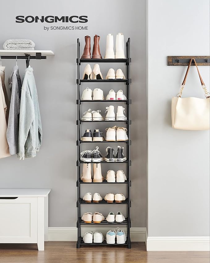 SONGMICS Shoe Rack, 10-Tier Shoe Organizer, Metal Storage Shelf, Upright or Upside Down, for 11-22 Pairs, for Entryway, 11.8 x 17.7 x 68.5 Inches, Black ULSA25BK