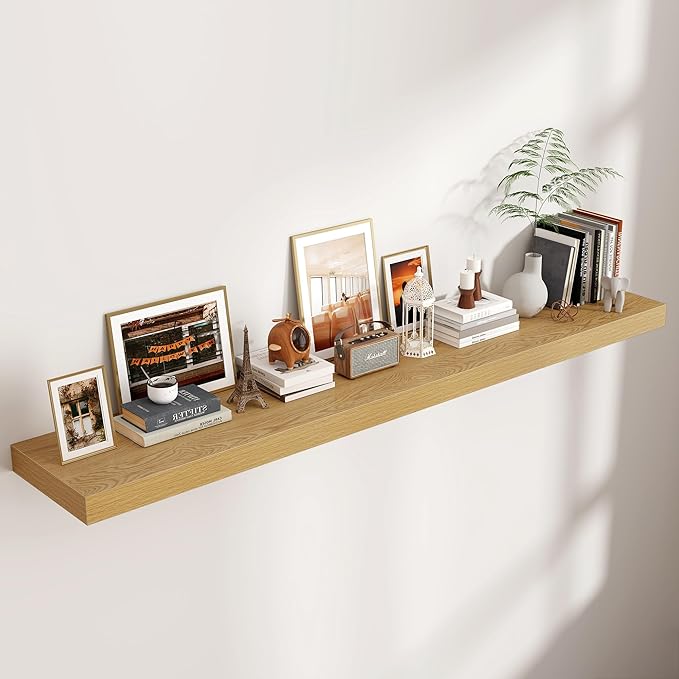 Venusmiles Floating Shelves for Wall, 72 Inch Wide x 12 Inch Deep Floating Shelves, Long Wood Floating Wall Shelf Shelves for Living Room Bathroom Bedroom Kitchen Home - (Oak, 72" W x 12" D x 2" H)