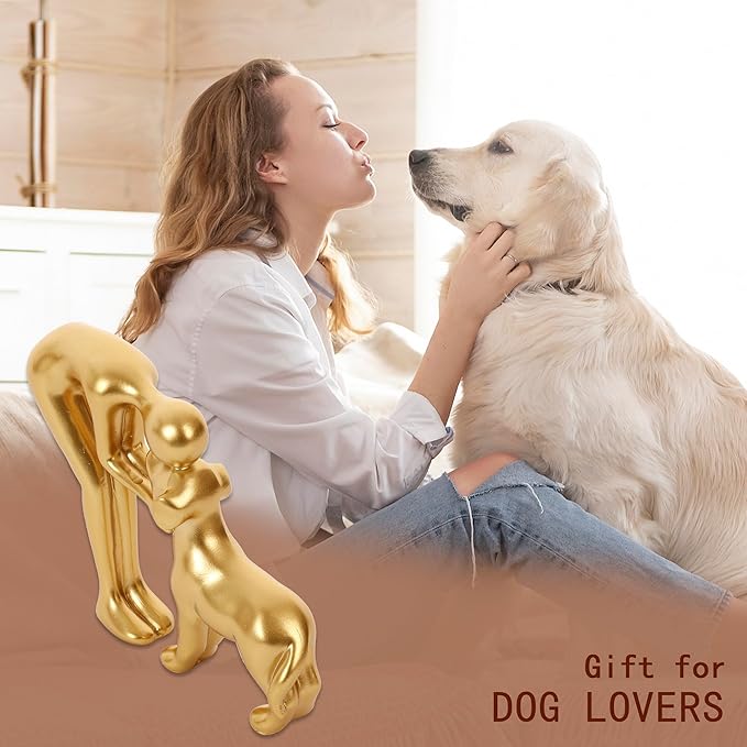 Cute Pet Sculpture Home Decor Man and Dog Statue Decoration for Office、Living Room、Bedroom、Home， Memory Gifts for Dog Lovers (Golden)