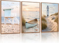 KAlRNE Modern Coastal Framed Canvas Wall Art Set of 3(24”X36”),Neutral Beach Sailboat Wall Decor,Ocean Lighthouse Picture,Photography Seagull Seascape Art Prints For Living Room Bedroom Office
