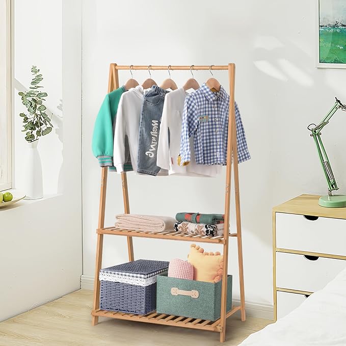 Small Clothes Rack Kids Dress Up Storage for Playroom, Toddlers Bedroom, Bamboo Child Garment Rack with 2 Tier Storage Shelf, Kids Clothing Rack Costumes Organizer