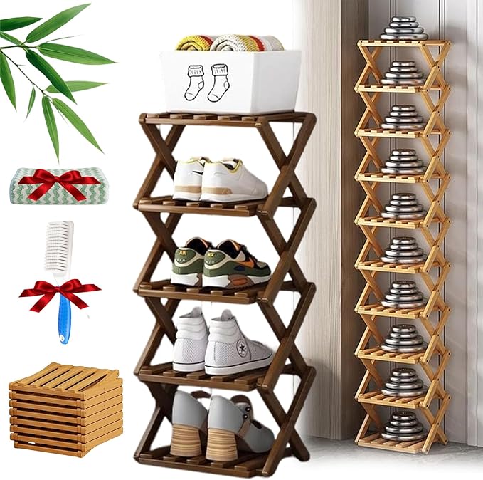 The 9-Tier No-Assembly Bamboo Rack, Foldable Stackable 9 Tier Bamboo Shoe Rack Vertical Storage Sturdy & Stable, Tall Narrow Space-Saving Expandable Shoe Rack for Entryway Closet Dorm (Brown,5 Tiers)