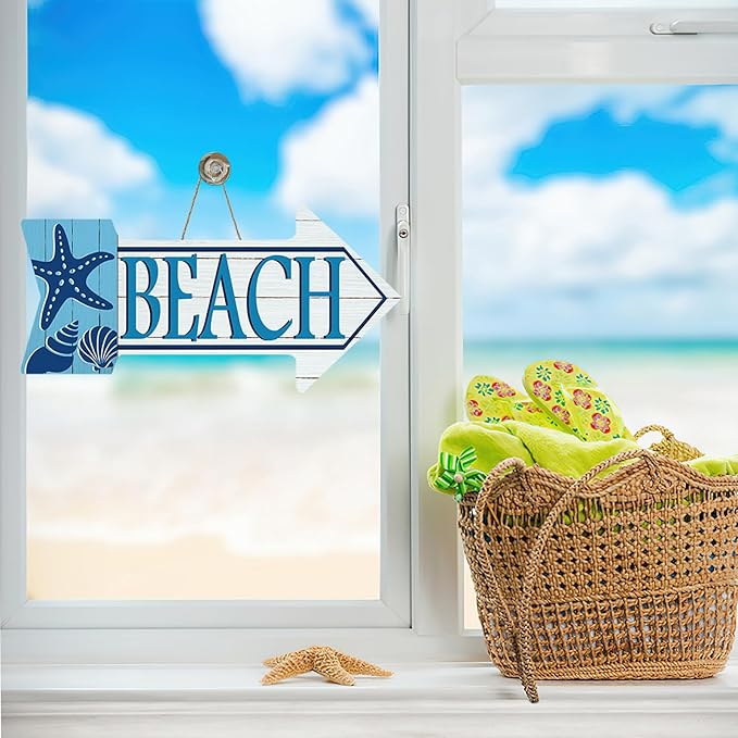 Coastal Beach Arrow Front Door Sign, Summer Nautical Sea Starfish Conch Shell Wood Plaque Hanger Outdoor Outside Porch Home Decor, Ocean Farmhouse Wooden Wreath Indoor Wall Hanging Decoration