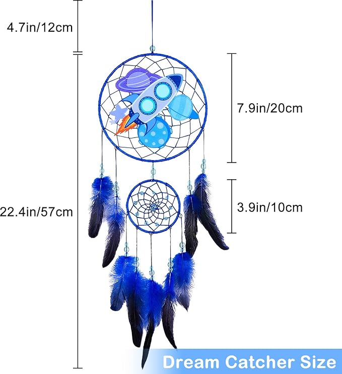 Basumee Dream Catcher for Kids Feather Dream Catchers Handmade Home Decor Wall Hanging with Double Ring for Nursery Bedroom Boys Room, Blue Rocket