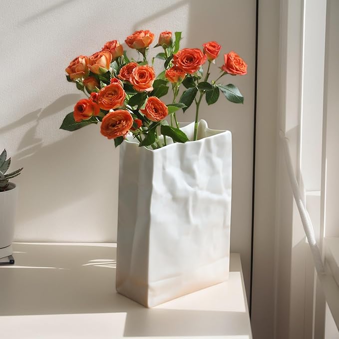 Crinkle Paper Bag Ceramic Vase, 7.8 Inch Square Wide Mouth Pleated Planter, Unique White Matte Vase, Minimalist Boho Pot for Flower Arrangement Table Centerpiece Home Office Bookshelf Decor