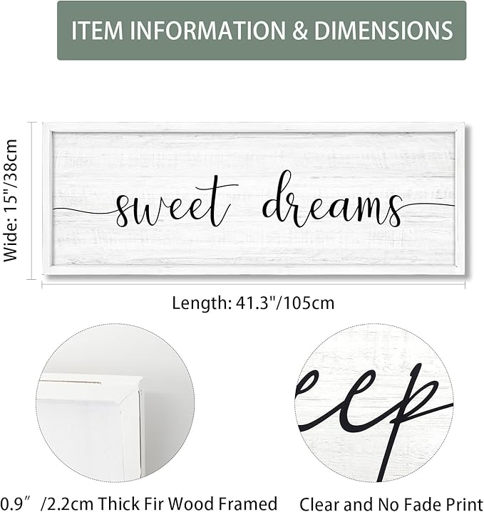 Sweet Dreams Wall Decor Above Bed 41.3''×15'' Large Farmhouse Wall Decor for Bedroom Guest Room Decor Framed Wood Wall Art Rustic Master Bedroom Wall Decoration (white frame)