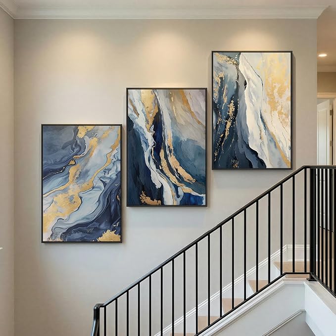 Large Framed Blue and Gold Abstract Wall Art for Living Room, 3 Piece Modern Canvas Prints Paintings Artwork for Walls, Luxury Marble Abstract Pictures for Bedroom Dining Office Wall Decor 24x36 In