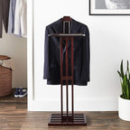 Proman Products Kyoto Suit Valet Stand VL36220 with Large Top Tray, Contour Hanger, Trouser Bar, Tie & Belt Hooks, 17” W x 12.5”D x 45”H, Mahogany