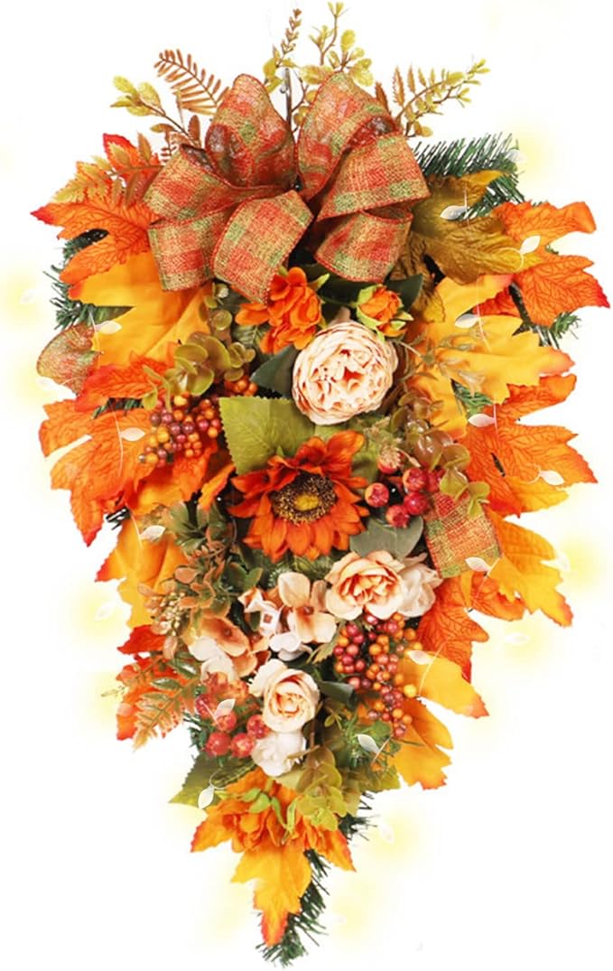 21.7Inch Artificial Fall Harvest Teardrop Swag for Front Door Thanksgiving Teardrop Wreath with Maple Leaves Berry Autumn Floral Swag for Home Wall(with Light)