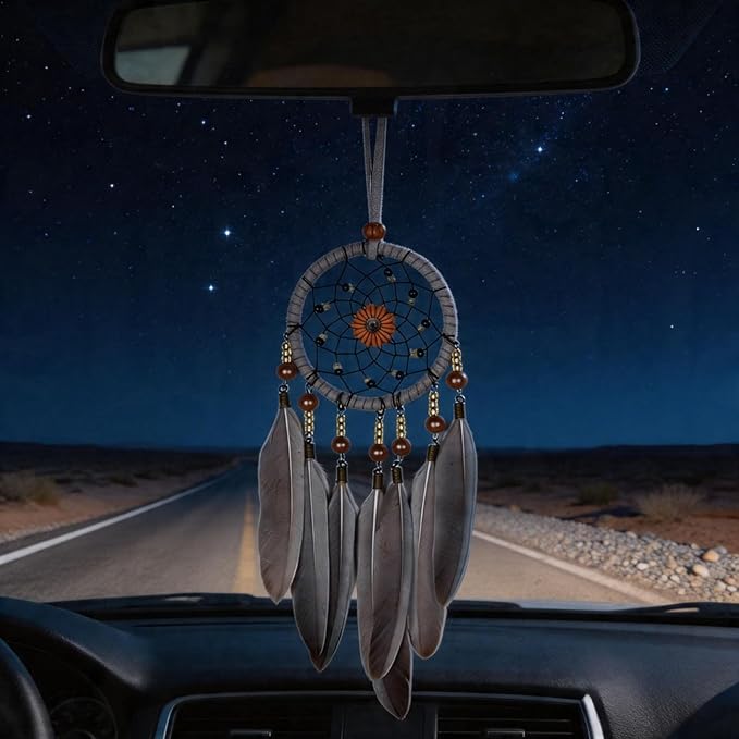 Dream Catchers for Cars Rear View Mirror, Small Feather Dream Catcher Wall Hanging Car Deco Car Charm Ornament (3.1 Grey)