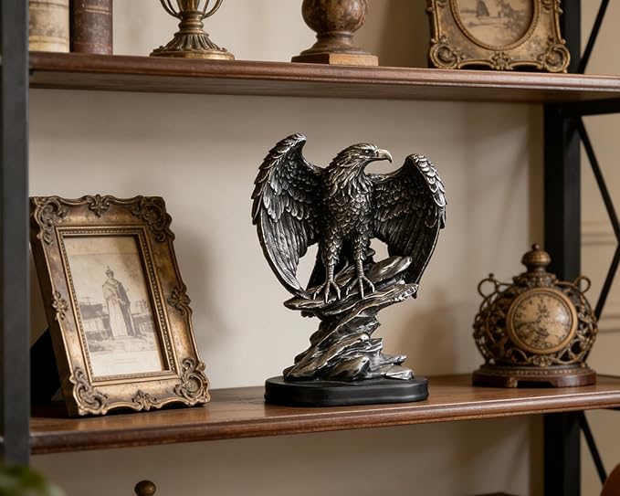 Metallic Silver Eagle Statue for Home Office Man Table Decoration 10 inch Eagle Scout Gifts, US Citizenship Gifts, Symbol of Justice and Freedom