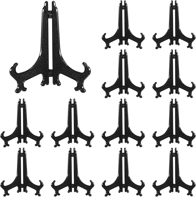 Boao 12 Pack Plastic Easel Stand Display Card Plate Stands Photo Holder Picture Frame Book or Other Items Easel for Weddings, Birthdays, Home Decoration, Tables(7 Inches,Black)