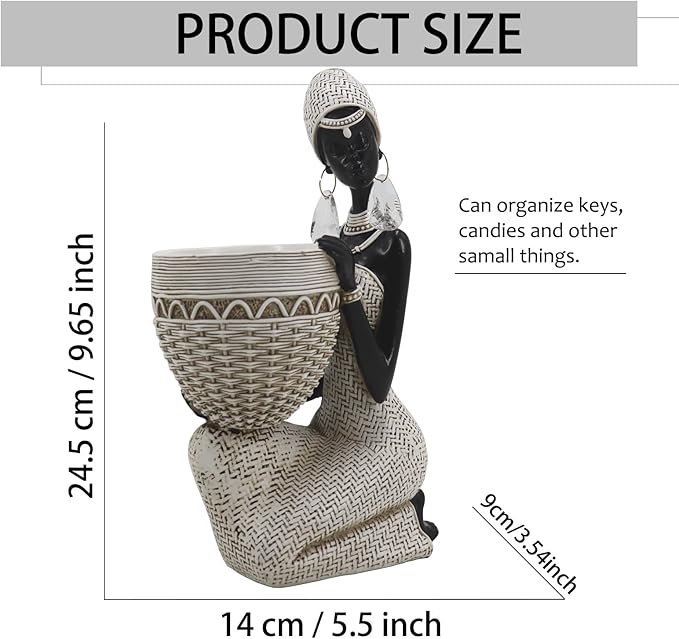 Lescafita Handmade White African Tribal Woman Sculpture - Crystal Earrings & Basket Statue, Ivory Resin Home Decor for Modern Shelves/Tables, Elegant Housewarming Gift (9.65" H)