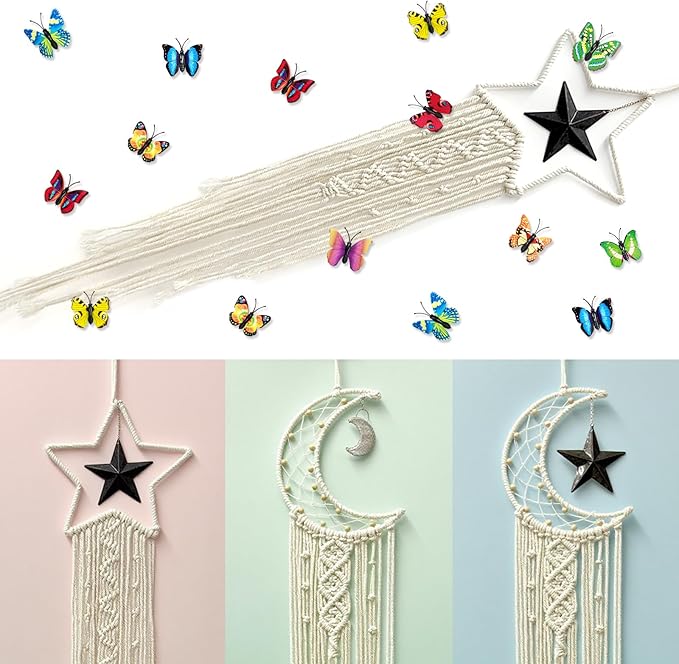 Macrame Moon Star Dream Catcher Decor for Girl, Boho Crescent Dreamcatcher Bohemian Wall Hanging Dream Catcher with Star Pendant for Home Bedroom Craft Decoration(3pcs)