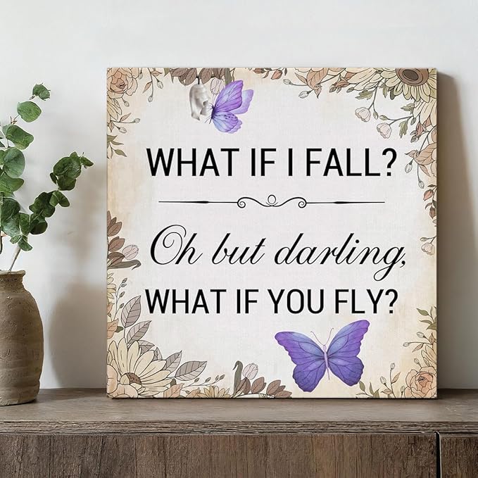 Inspirational Purple Butterfly Wall Art Decor, What If You Fly Motivational Quote Canvas Painting Artwork Picture Posters for Teens Room Bedroom Office (8 X 8 Inches, Framed)