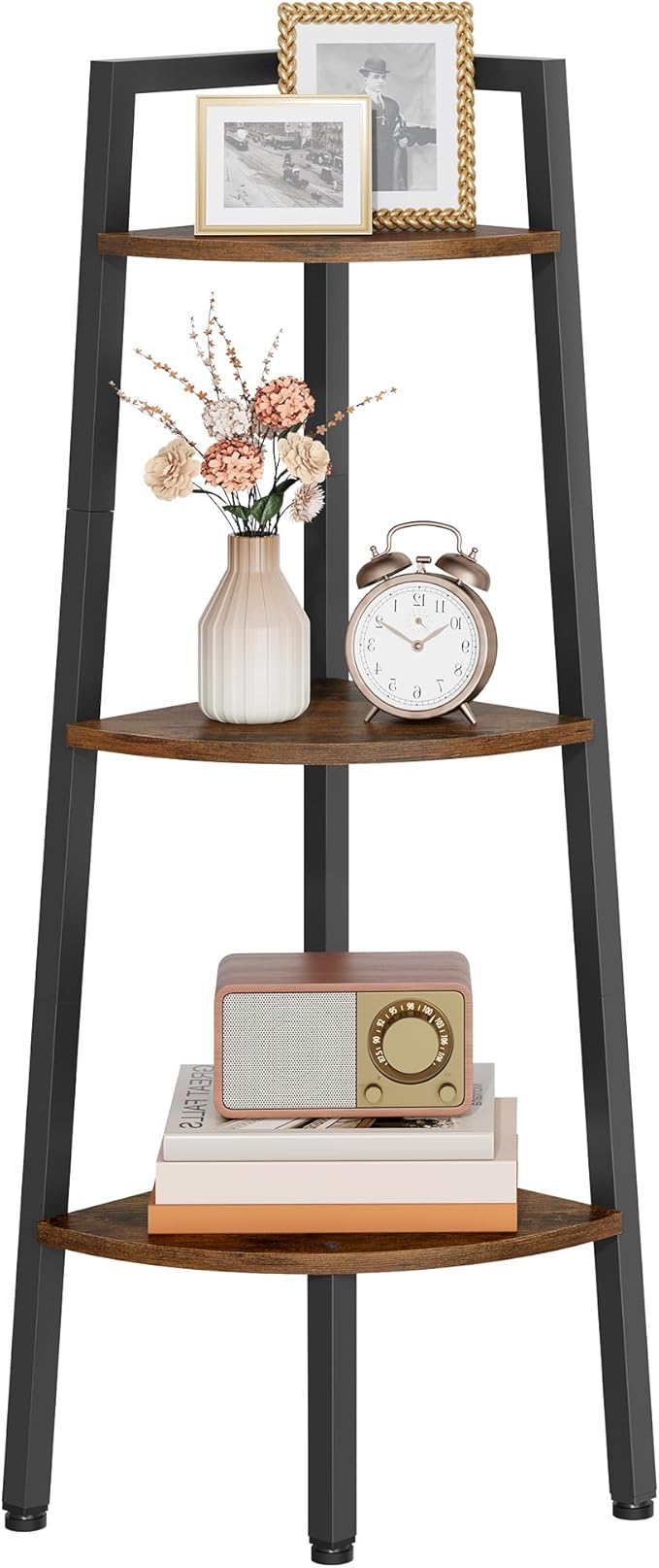 Hoctieon Corner Shelf, 3-Tier 40" Tall Corner Bookshelf, Rustic Ladder Shelf, Industrial Display Stand for Living Room, Kitchen, Home Office, Balcony, Small Space, Metal Frame, Rustic Brown